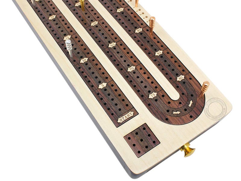 House of Cribbage - 3 Track Continuous Cribbage Board Inlaid in Rosewood - Maple Wood - Size: 12.5 Inches - Storage Drawer for Cribbage Pegs - Image 4